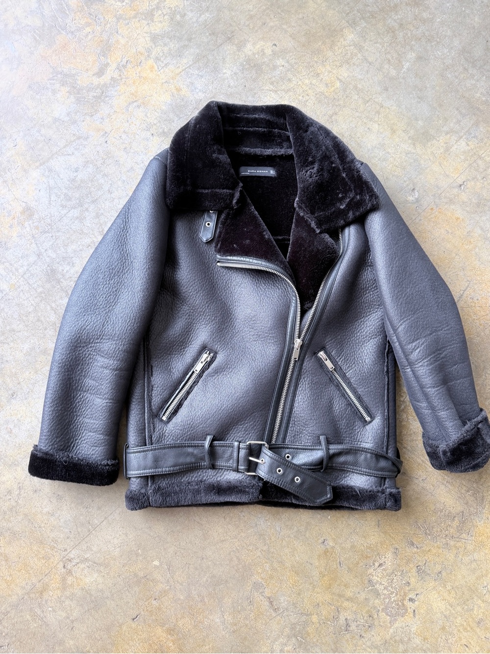 Zara Black Shearling-Lined Biker Jacket